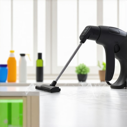 A person using a steam cleaner on a kitchen surface to remove grease and sanitize.