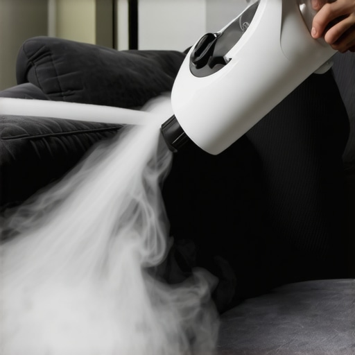 A person using a handheld upholstery steamer on a fabric sofa for deep cleaning
