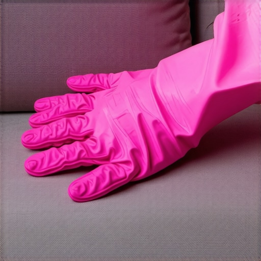 A person cleaning upholstery with a damp rubber glove to extract pet hair
