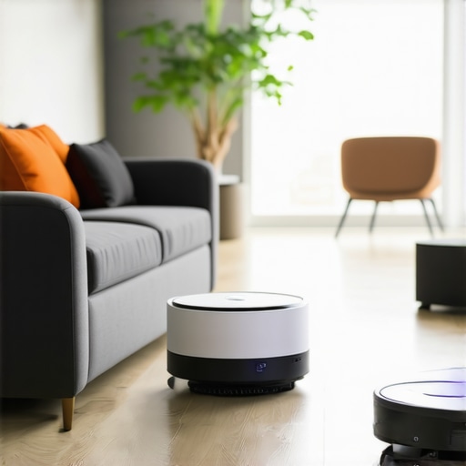A futuristic living room with robotic vacuum and UV sterilization tools actively maintaining cleanliness.