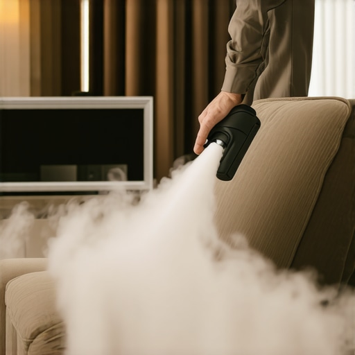 Professional steam cleaner sanitizing a fabric sofa in a home setting.
