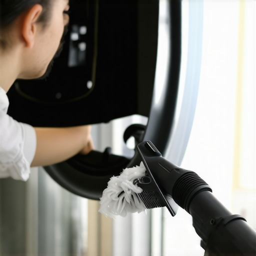 Person deep cleaning a dryer vent using a long brush and vacuum