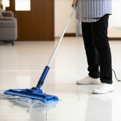 Close-up of a steamer cleaning a tiled floor with a modern steam mop.