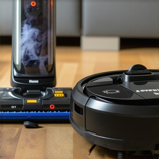 A steam cleaner and robotic vacuum ready for use in a contemporary living room.