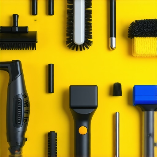 A neatly arranged set of home cleaning tools including a steam cleaner, microfiber cloths, vacuum, and scrubber.