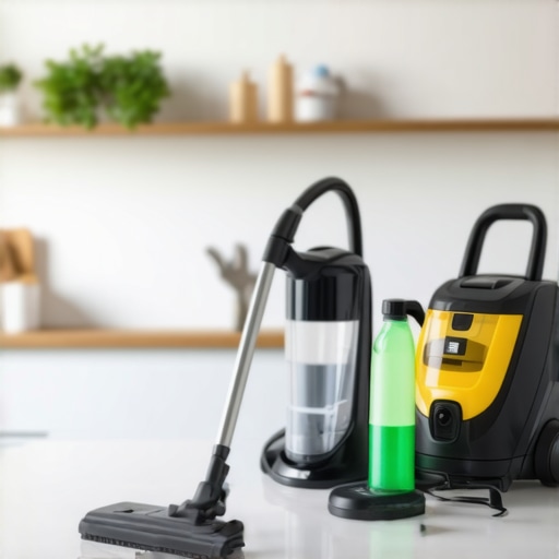 A collection of advanced cleaning tools including a steam cleaner and vacuum in a home setting.