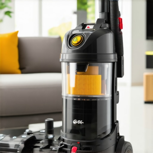 A sleek HEPA vacuum cleaner with various attachments used on a sofa and floor in a modern home.