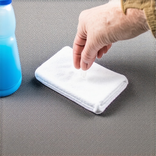 Person testing cleaning solution on upholstery fabric to check for reactions.