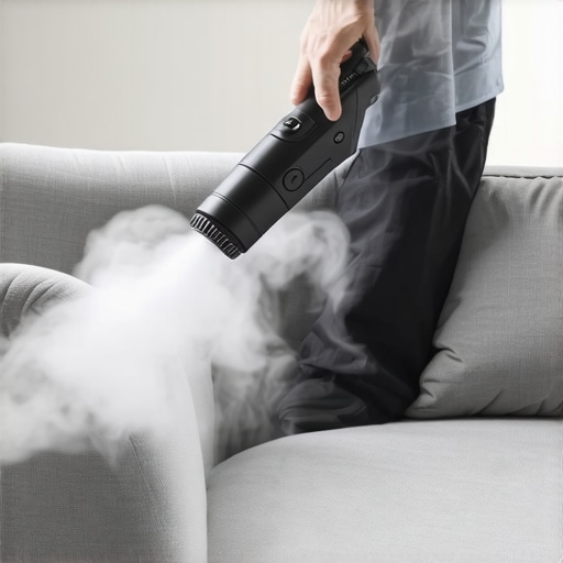 Steam cleaner emitting steam onto upholstered sofa fabric