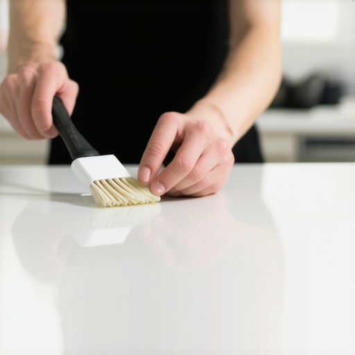 Person scrubbing small kitchen gaps with brush and solution for move-out cleaning.