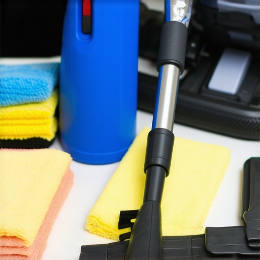A set of professional-grade upholstery cleaning tools including microfiber cloths, a handheld steam cleaner, and a high-powered vacuum.