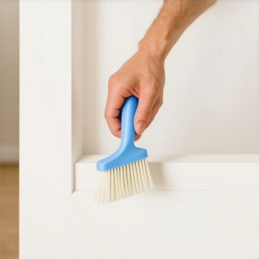 Person cleaning narrow gaps in baseboards using a brush and tools in a bright home setting