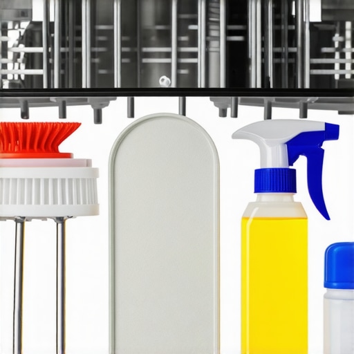 A hand disassembling a dishwasher filter with cleaning brushes and vinegar for deep cleaning