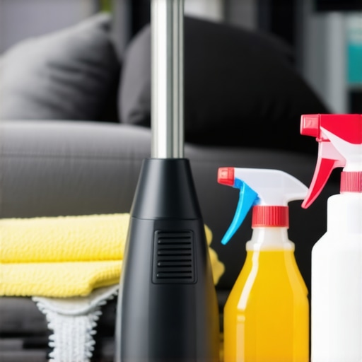 Professional upholstery cleaning tools including steam cleaner and microfiber cloths in use