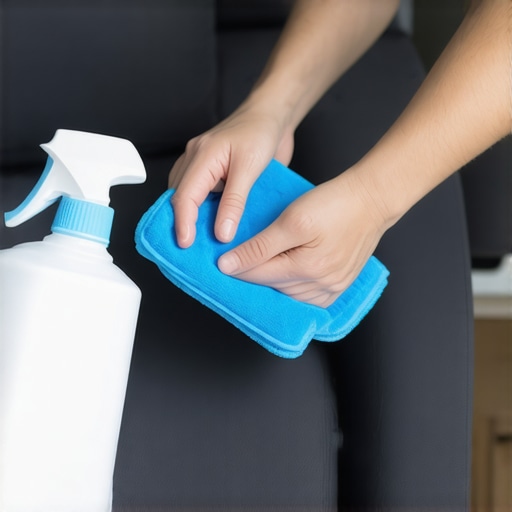 Person cleaning a sofa with microfiber cloth and mild cleaning solution, emphasizing delicate stain removal.