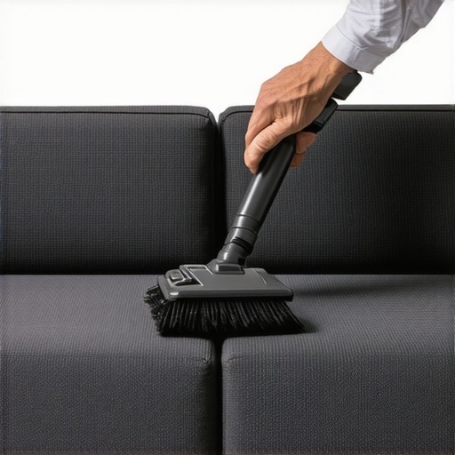 Person using vacuum cleaner with soft brush on high-tech sofa fabric