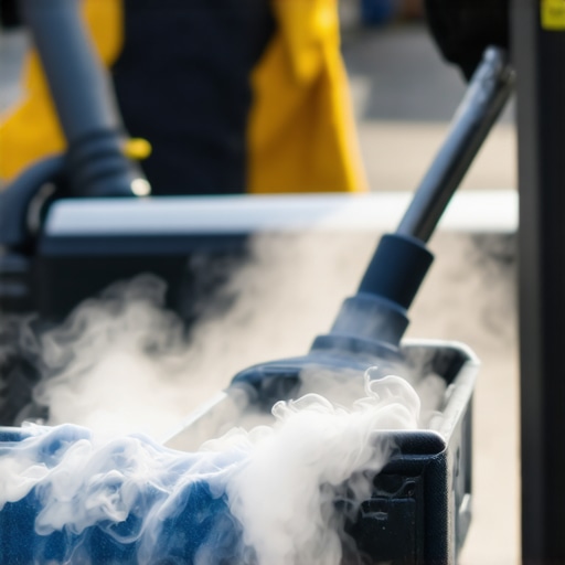 Close-up of steam cleaner operating on denim sofa fabric
