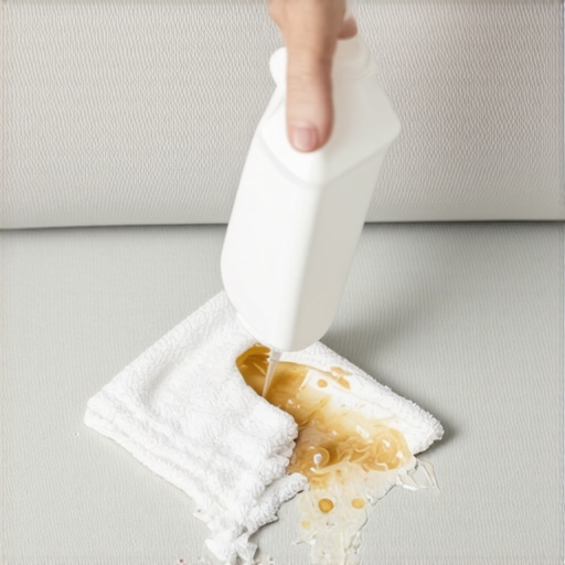 Close-up of cleaning process on recycled plastic fabric showing blotting technique with a cloth and solution