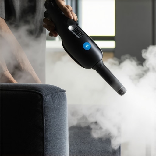 Person using a handheld steam cleaner on recycled denim sofa to remove dirt and stains.