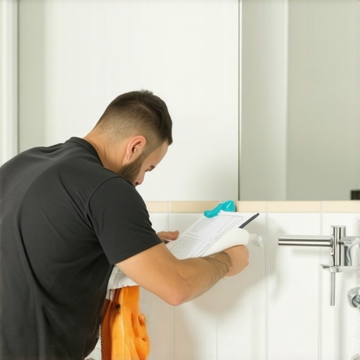 Person inspecting and cleaning grout lines in a bathroom with a checklist in hand.