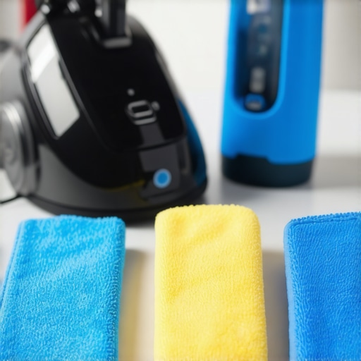Advanced Home Cleaning Tools Modern home cleaning equipment including steam mop, UV-C sanitizer, and microfiber cloths arranged on a kitchen counter.