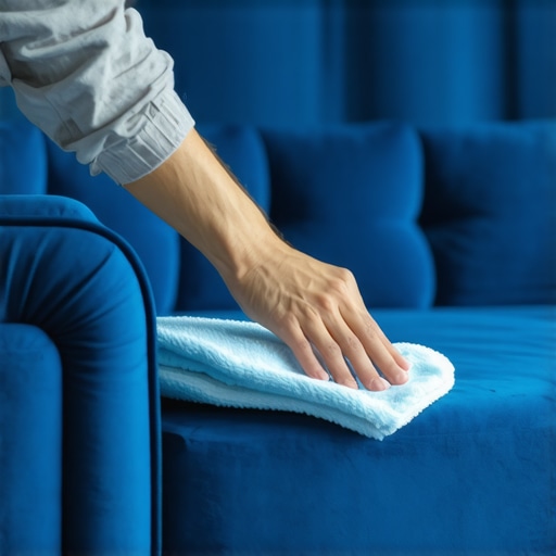 Person using a microfiber cloth to blot a velvet sofa in a modern living room.