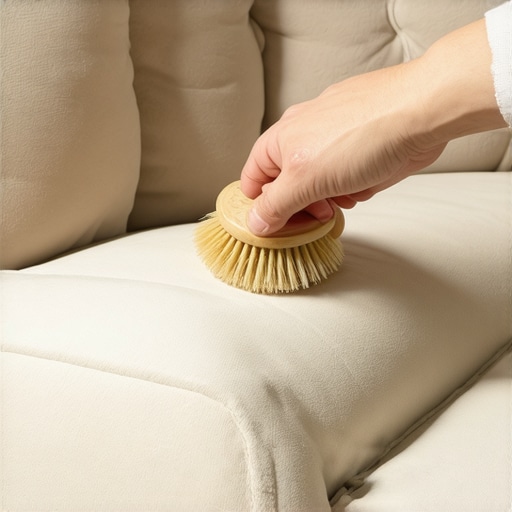 A hand brushing a velvet sofa with a soft-bristled brush to lift flattened fibers.