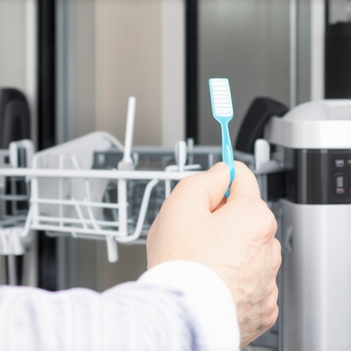 Person scrubbing dishwasher filter with toothbrush in kitchen