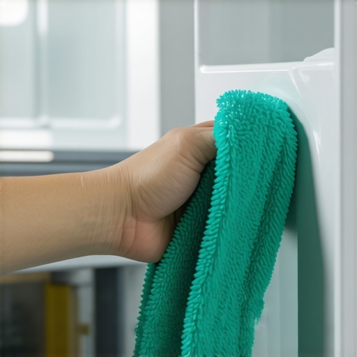Person disinfecting and cleaning the inside of a refrigerator with microfiber cloth