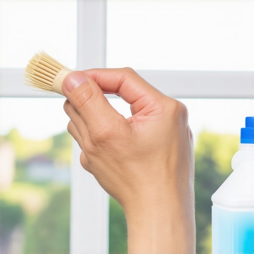 Person cleaning window tracks with a small brush and cleaning solution