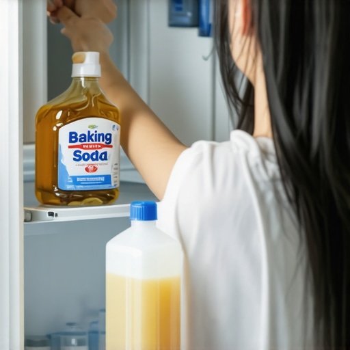 Person wiping refrigerator shelves with cleaning solutions in a modern kitchen.