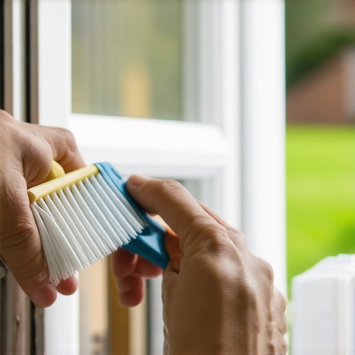 Person cleaning window track with brush and vinegar solution