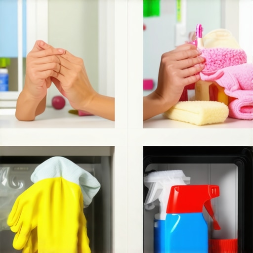 Person cleaning behind appliances and in hard-to-reach house corners with brushes and cloths.