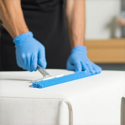 A professional cleaner using specialized equipment on a fabric sofa to ensure deep sanitation.