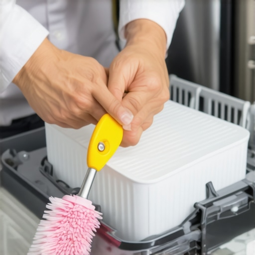 Person cleaning dishwasher filter with brush and towel.