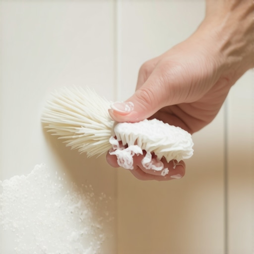 Person scrubbing bathroom grout with a brush and baking soda paste