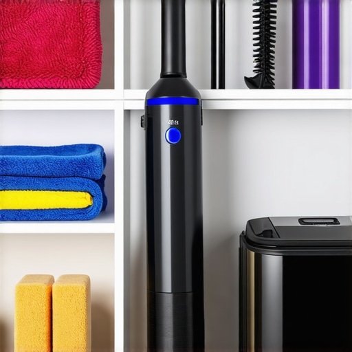 Effective Home Cleaning Tools A neatly organized closet with microfiber cloths, steam cleaner, and robotic vacuum ready for home cleaning