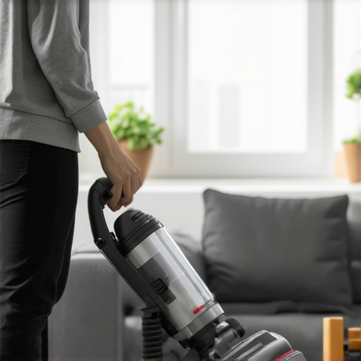 Person operating a Dyson vacuum during house cleaning.