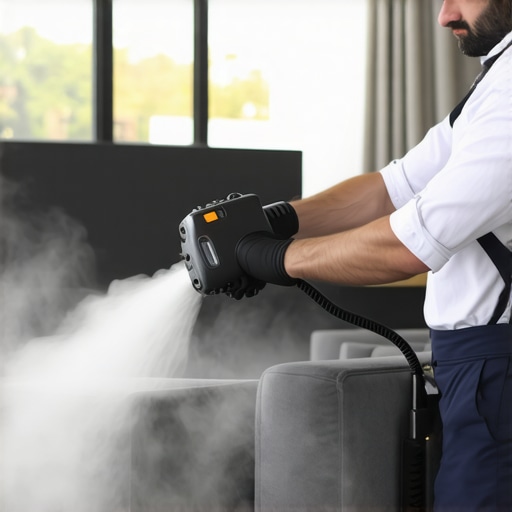 Effective Steam Cleaning Equipment Person using a steam cleaner on a sofa for deep cleaning and sanitizing