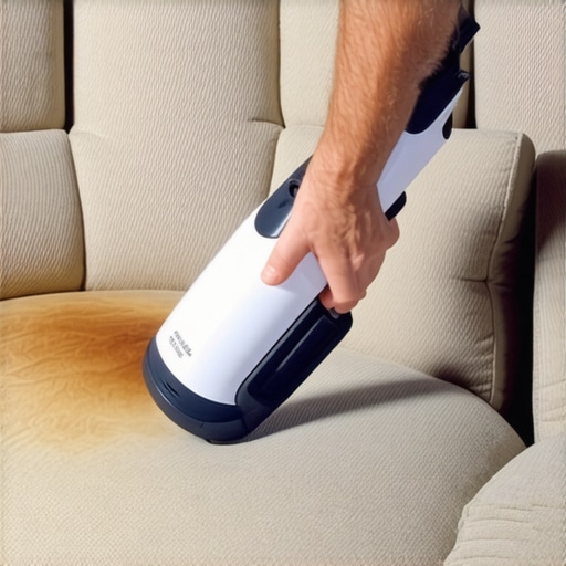 A person using a handheld upholstery cleaner on a fabric sofa, removing a stain.