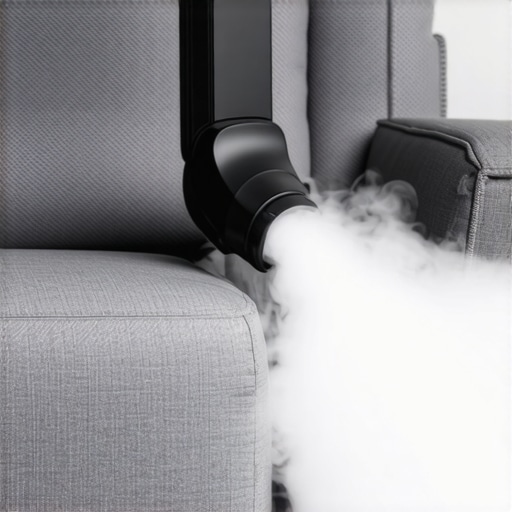 A person using a steam cleaner on a fabric sofa, emphasizing sanitation and tool efficiency.