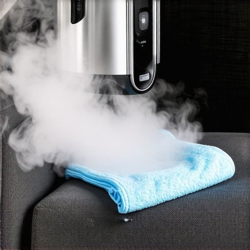 Steam cleaner and microfiber cloths used for upholstery maintenance.