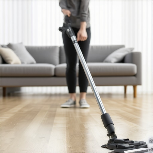 Person cleaning hardwood floor with microfiber steam mop in a bright living room.