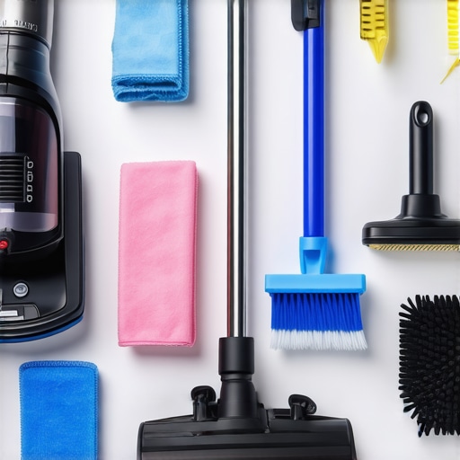 A collection of microfiber cloths, steam cleaner, vacuum, and brushes used for effective home cleaning