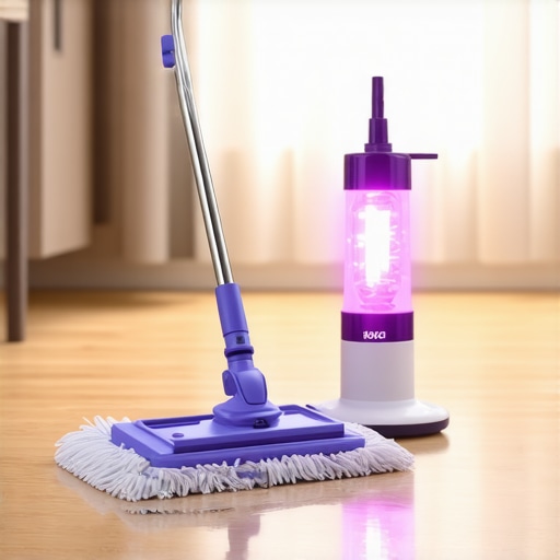 Essential Home Cleaning Tools Tools for effective house cleaning including microfiber mop, steam cleaner, and UV-C sanitizer lamp.