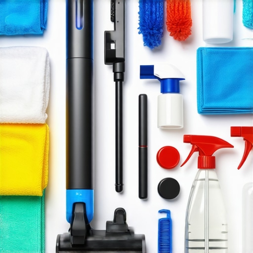 Essential cleaning tools for home sanitation A collection of professional-grade cleaning tools arranged on a countertop ready for use.