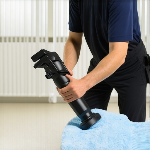 Professional cleaning technician using specialized equipment on a fabric sofa.