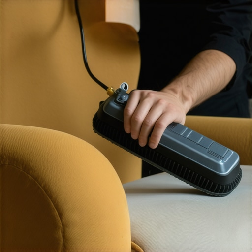Expert upholstery cleaning in progress Professional cleaner carefully treating upholstery with gentle tools