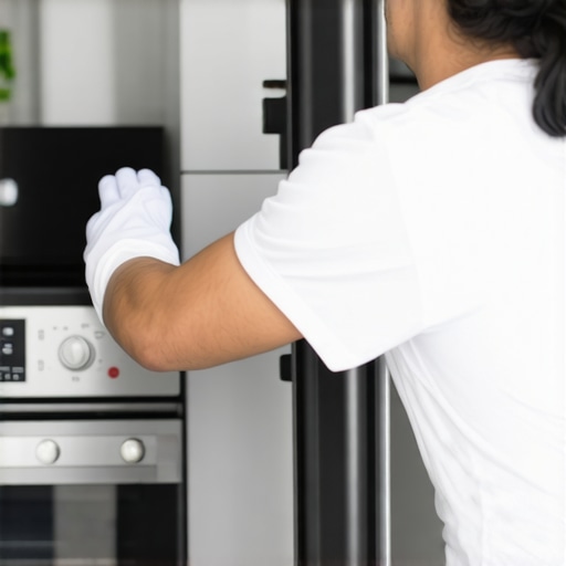 Person cleaning behind a refrigerator in a modern kitchen