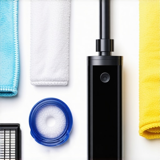 Microfiber cloths and steam cleaner arranged for maintenance